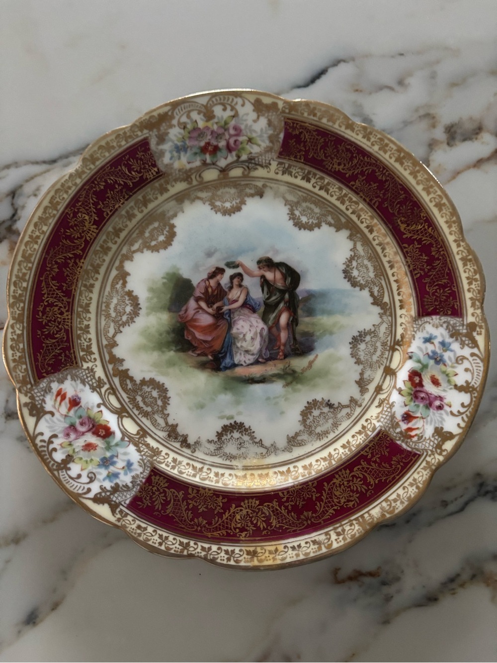 Crown Gold-Trimmed Burgundy and Multicolor Porcelain Serving Plate